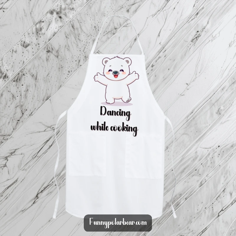 Funny apron adorned with a delighted polar bear cub spinning with arms outstretched, bringing Arctic fun to your kitchen apron.