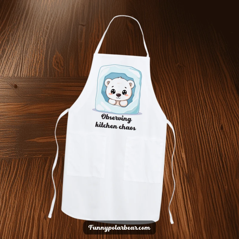 Funny polar bear cub apron, peeking from behind ice, curious expression, cute kitchen wear, durable fabric.