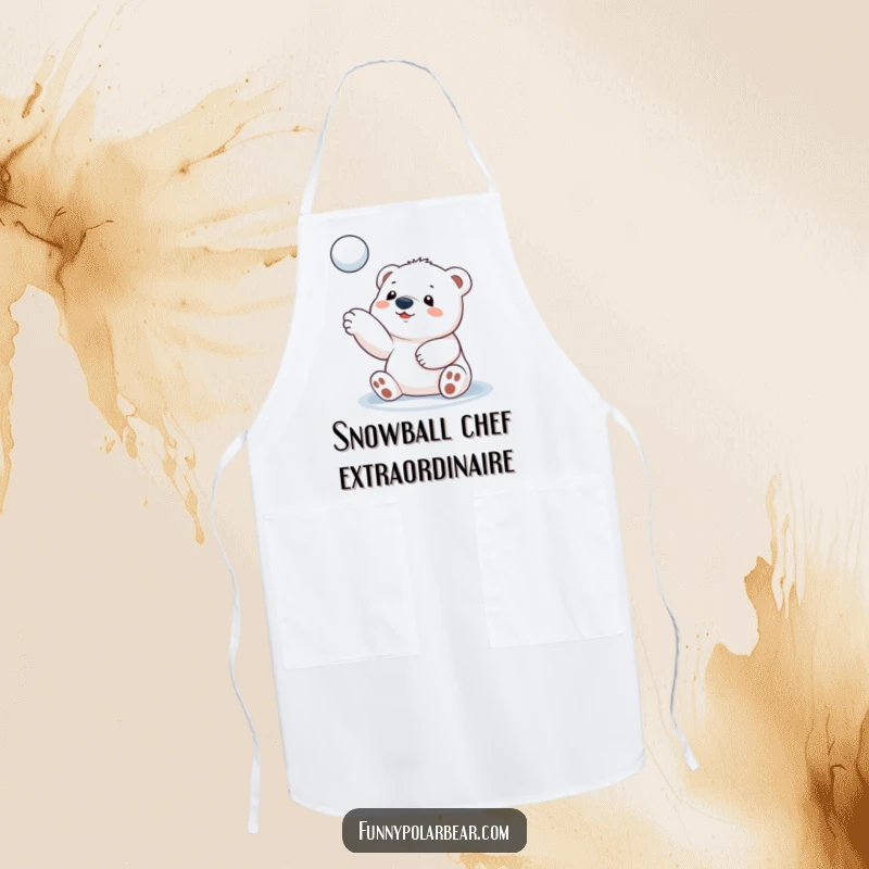 Funny polar bear cub apron, playful snowball toss action, kitchen wear, cute arctic chef, durable fabric.