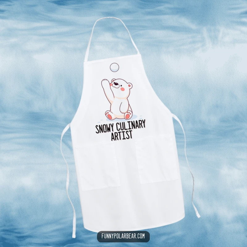 Funny polar bear cub apron, playfully tossing a snowball while cooking, a humorous kitchen accessory for winter lovers.