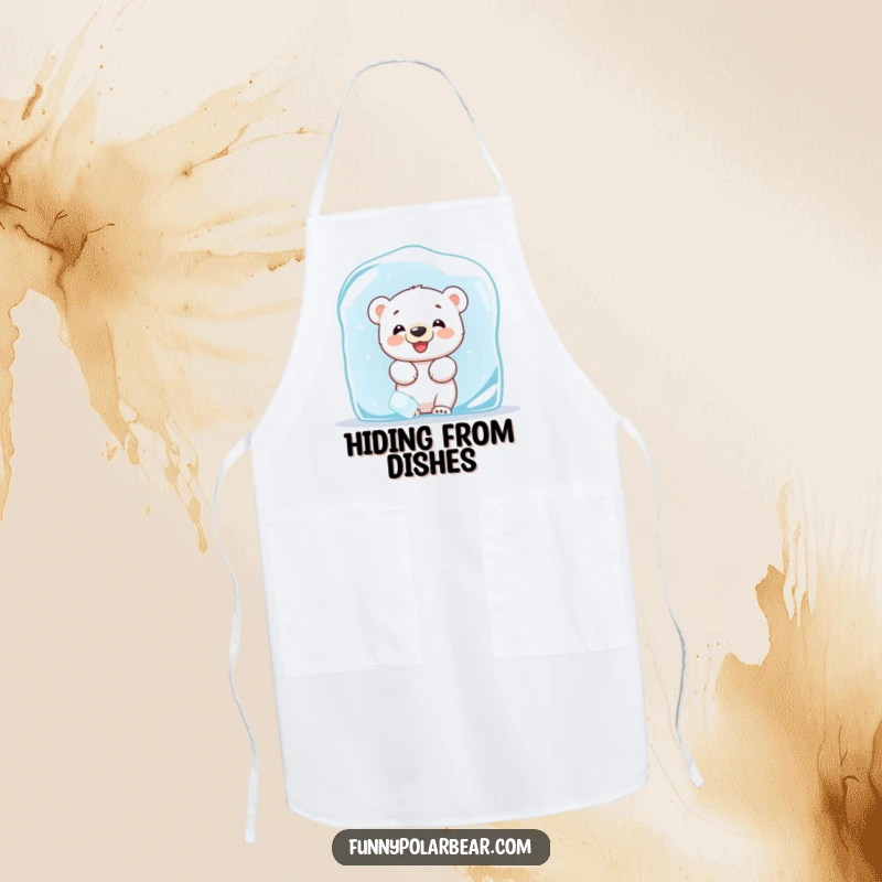 Funny apron adorned with a giggling polar bear cub playfully peeking from behind a large ice block, bringing Arctic mischief to your kitchen.