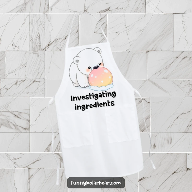 Funny Polar Bear Snowball Apron: A curious polar bear humorously sniffs a giant, brightly colored snowball, adding fun to cooking.