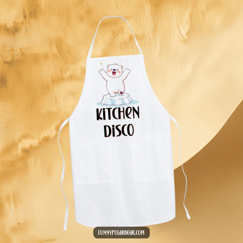 Funny Polar Bear Dancing Apron: A jubilant polar bear humorously dances on an ice floe, bringing fun to cooking.