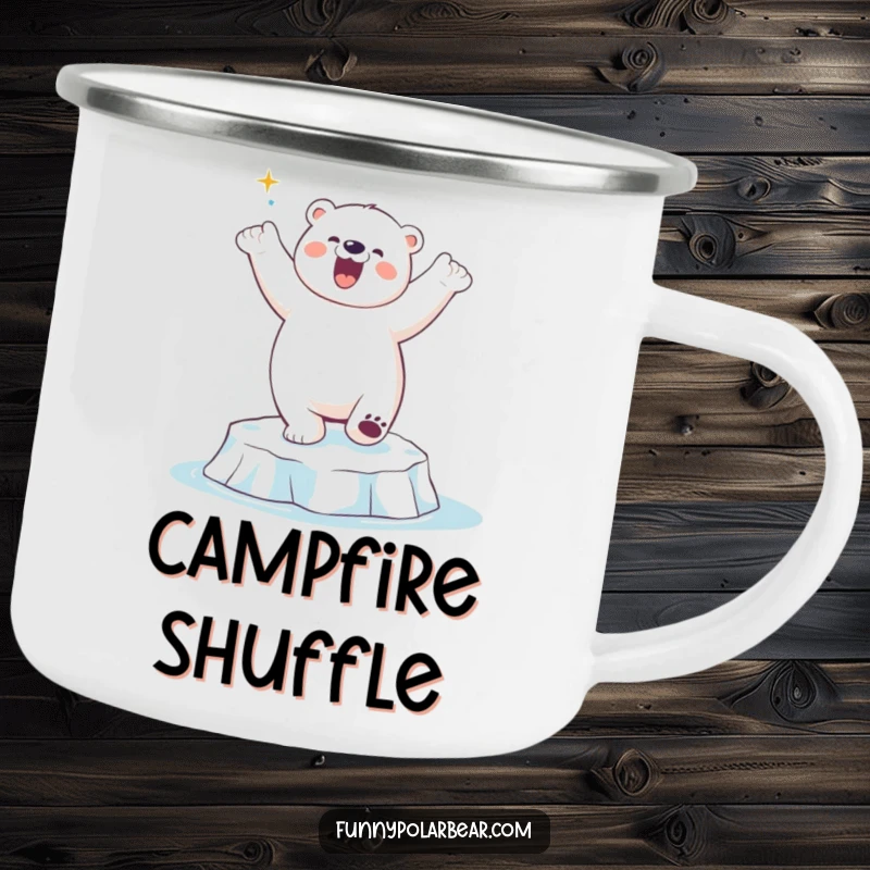 Funny Polar Bear Dance Camping Mug: A jubilant polar bear humorously dances on an ice floe, ready for adventure.