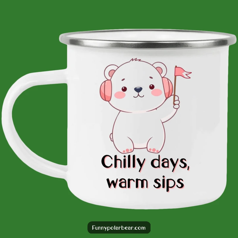 Funny Polar Bear Camping Mug: Cheerful Earmuffs Flag Outdoor Drinkware Gift