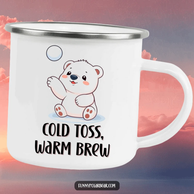 Funny polar bear cub camping mug, mid-snowball toss action, durable enamel, portable drinkware, outdoor enthusiast gift.