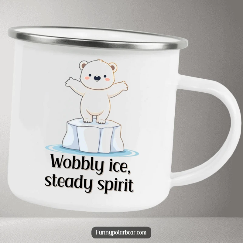 Funny polar bear cub camping mug, dancing on ice floe, graceful pose, cute arctic drinkware, durable enamel.