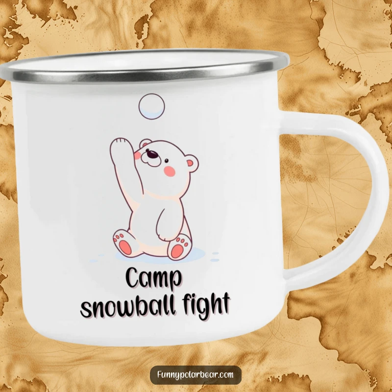 Funny polar bear cub camping mug, playfully tossing a snowball high during an outdoor trip, a humorous and durable mug.