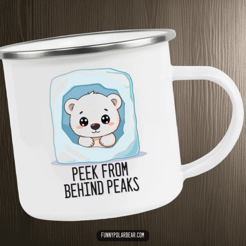 Funny polar bear cub camping mug, peeking with curious eyes, behind ice, cute arctic drinkware, durable enamel.
