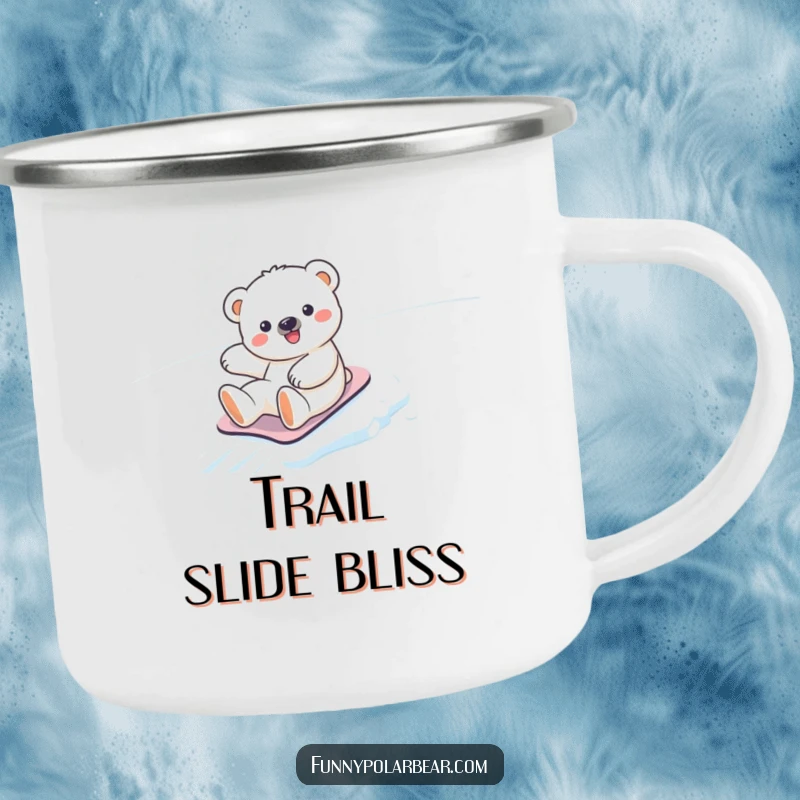 Funny kawaii polar bear cub camping mug, joyfully sliding down an icy slope during an outdoor trip, a humorous and durable mug.