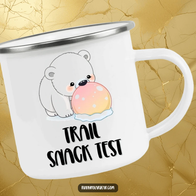 Funny Polar Bear Snowball Camping Mug: A curious polar bear humorously sniffs a giant, brightly colored snowball during an outdoor adventure.