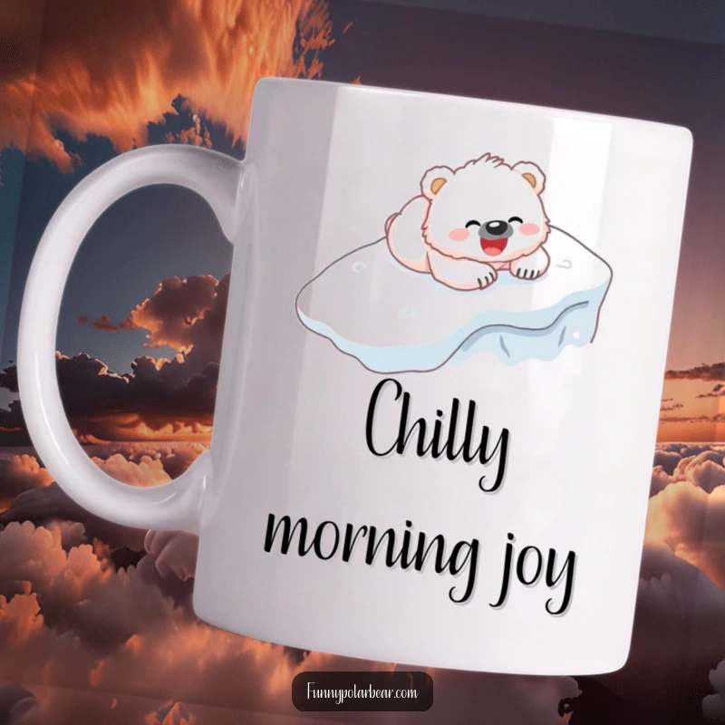 Funny Bear Cub Mug: A fluffy white cub gleefully belly-sliding down an icy hill with pure joy.