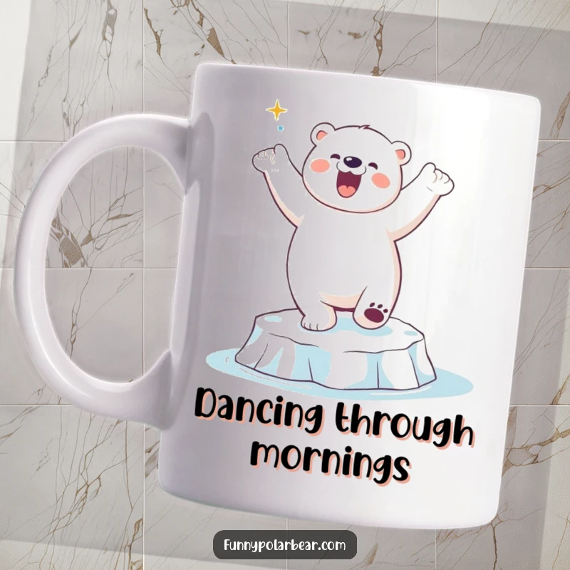 Funny Polar Bear Dance Mug: A jubilant polar bear humorously dances playfully on an ice floe, radiating pure joy.