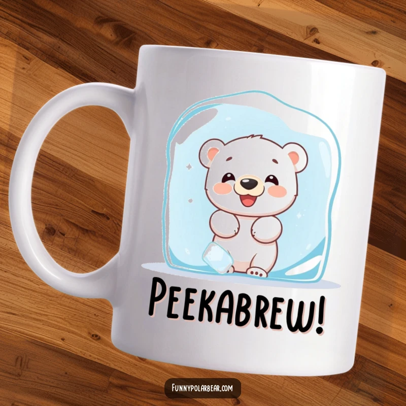 Funny mug featuring a giggling baby polar bear cub playfully peeking from behind a large, transparent ice block, full of Arctic fun.