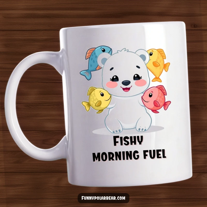 Funny polar bear cub mug, beaming while juggling three colorful fish with a happy expression, embodying playful skill.