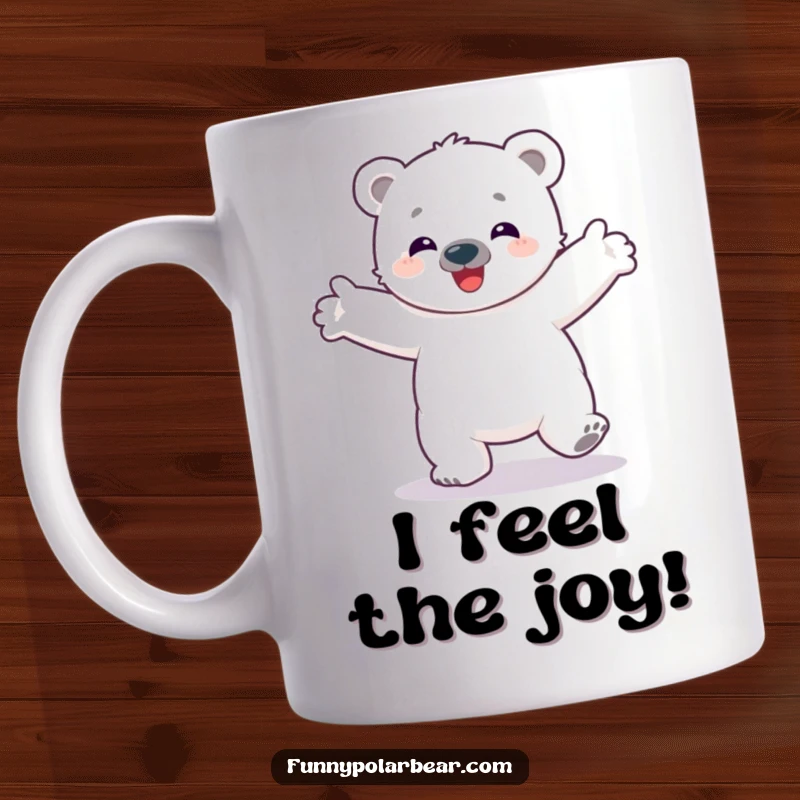 Funny mug featuring a delighted baby polar bear cub spinning with pure joy and outstretched arms in a whimsical Arctic scene.