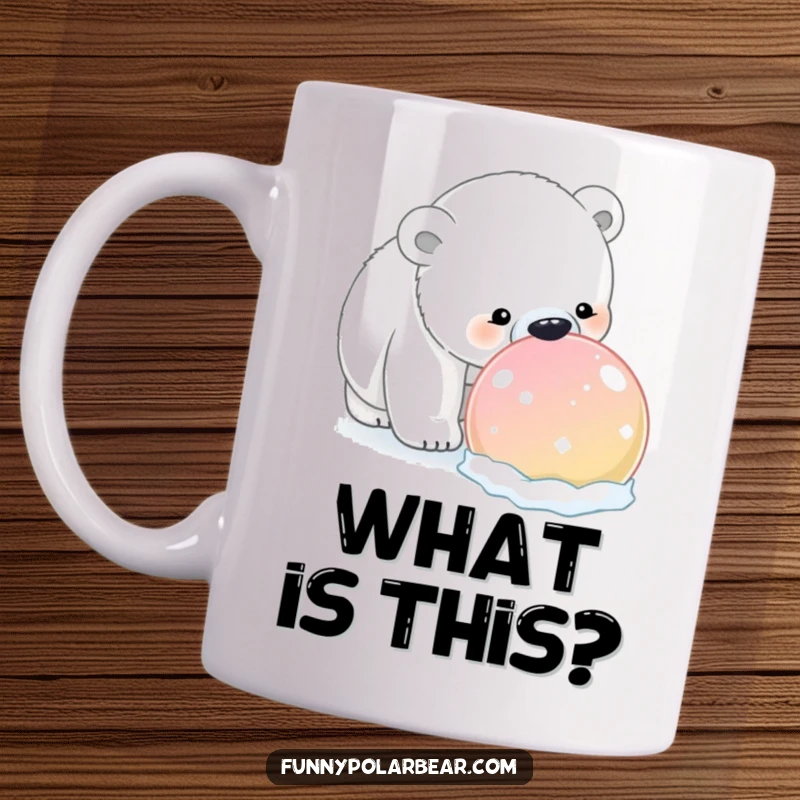 Funny Polar Bear Snowball Mug: A curious polar bear humorously sniffs a huge, brightly colored snowball, exploring winter fun.