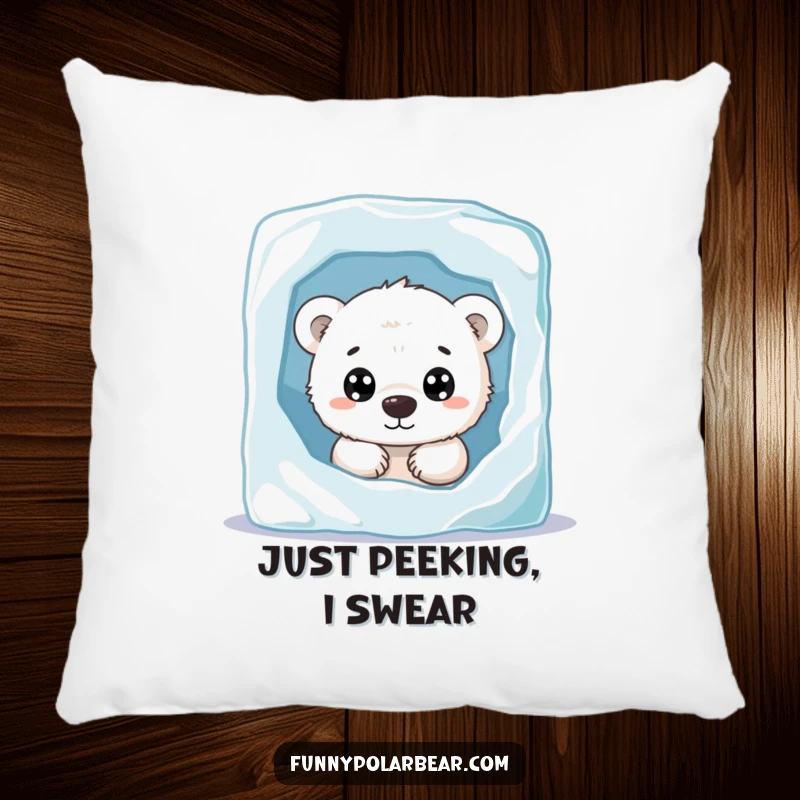 Funny polar bear cub pillow, peeking with curious eyes, soft cushion, cute arctic decor, comfort and charm.