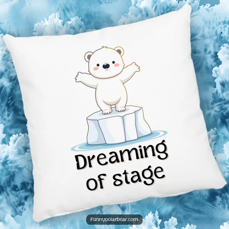 Funny polar bear cub pillow, dancing on ice floe, graceful pose, soft cushion, cute arctic decor.