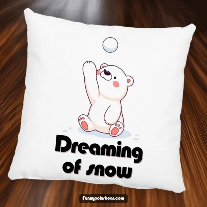 Funny polar bear cub pillow, playfully tossing a snowball high, a humorous and plush accent for any room.