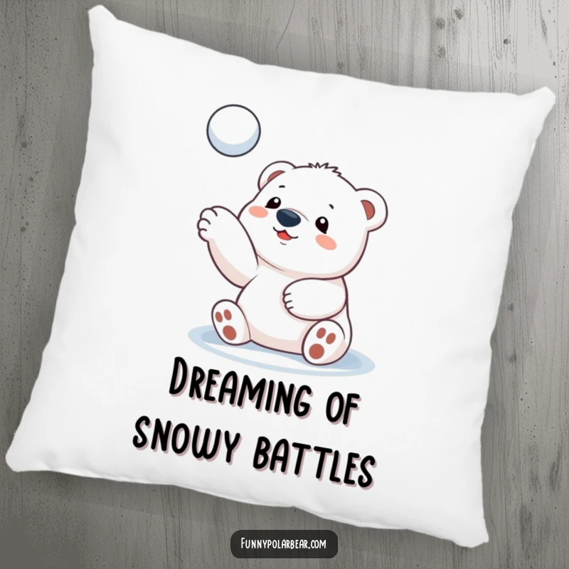 Funny polar bear cub pillow, playfully tossing a snowball, soft cushion, cute arctic animal decor, comfort and humor.