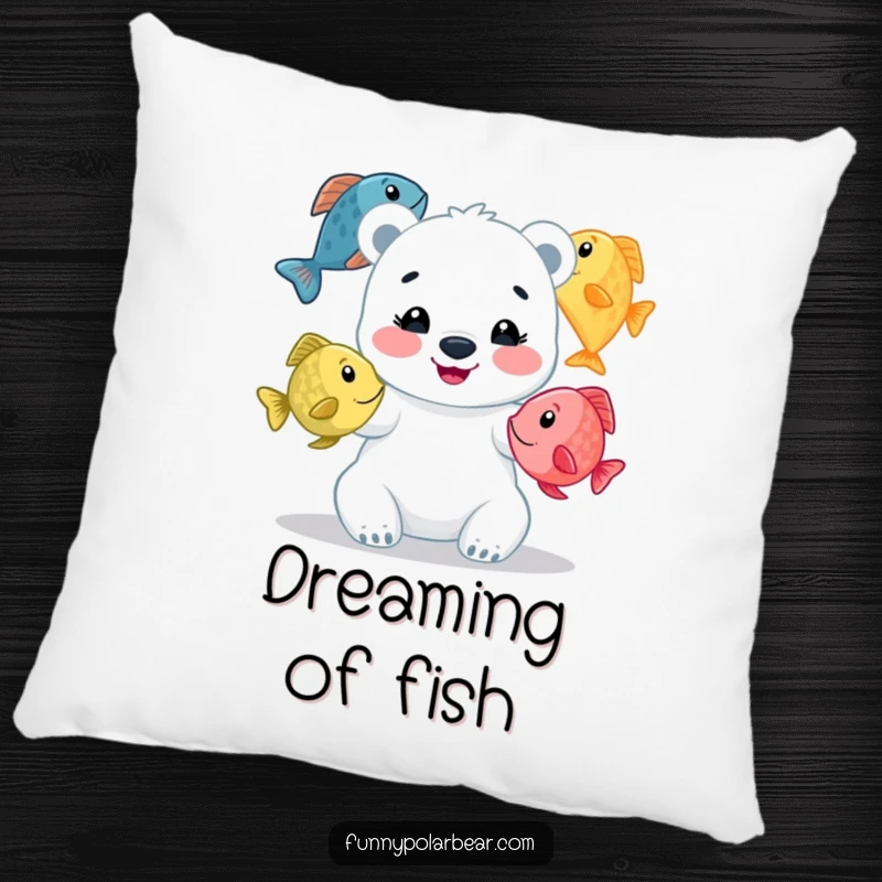 Funny polar bear cub pillow, happily juggling colorful fish, a humorous and plush accent for any room.