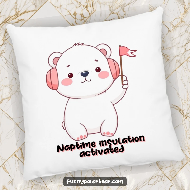Funny polar bear in earmuffs waving a small flag, depicted on a soft pillow, ideal for adding cheerful accents to a room.