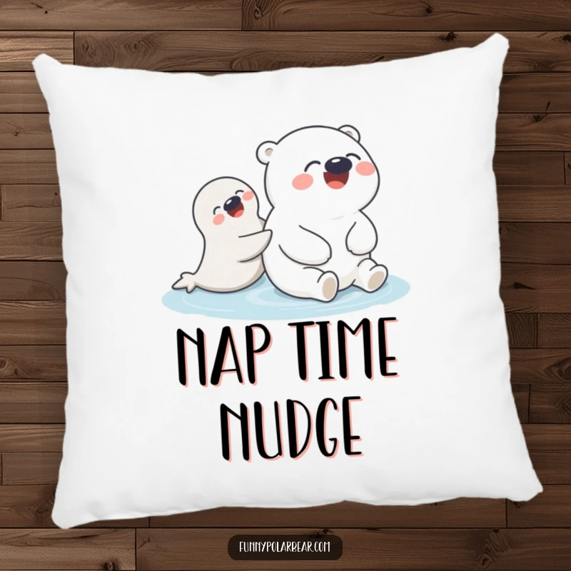 Funny Polar Bear Seal Pillow: A cute polar bear humorously giggles while being gently pushed by a playful seal, adding cozy fun.