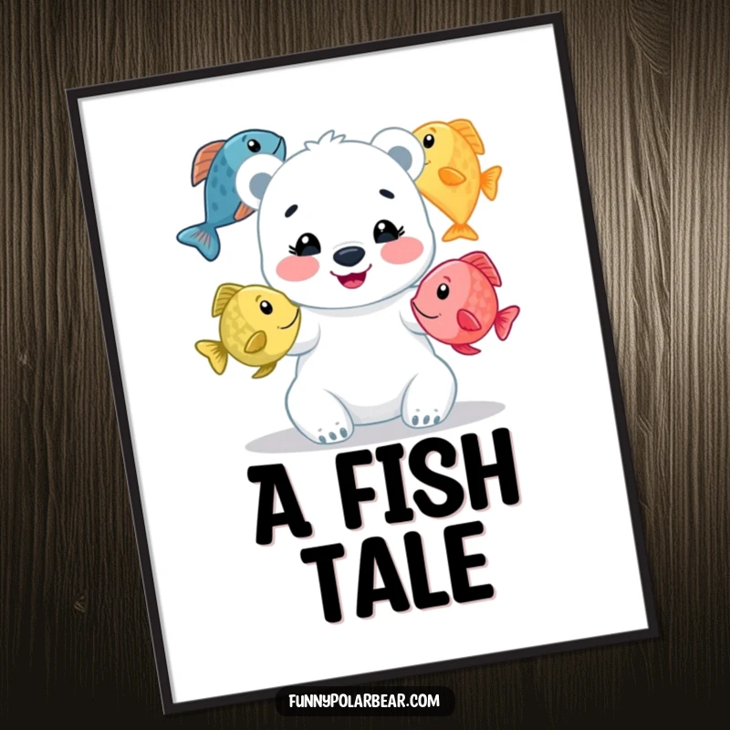 Funny polar bear cub digital art print, beaming while juggling colorful fish, a humorous and whimsical piece of wall art.