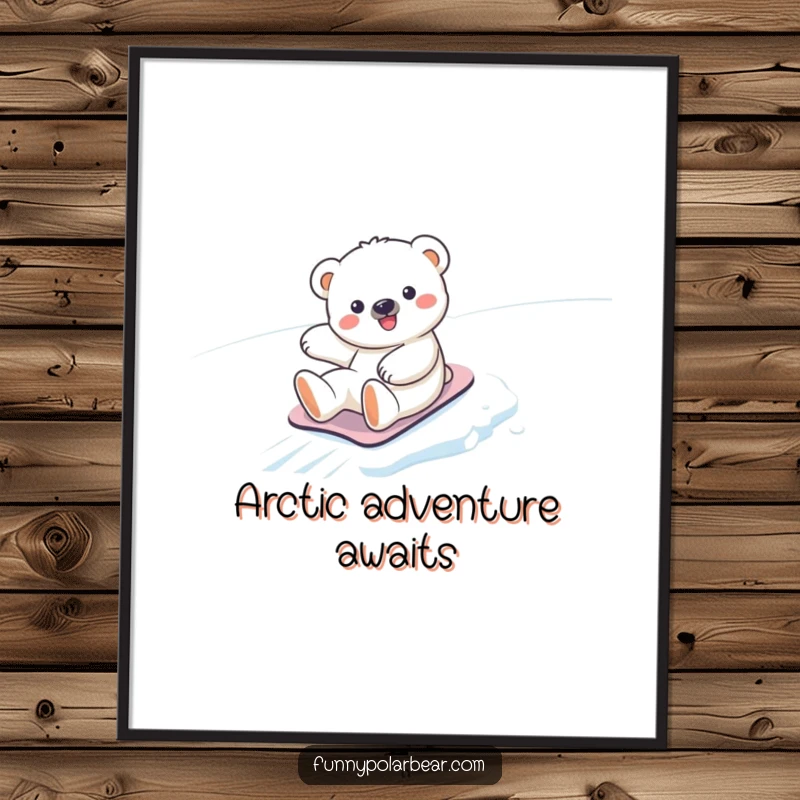 Funny kawaii polar bear cub digital art print, joyfully sliding down an icy slope, a humorous and cute piece of wall art.