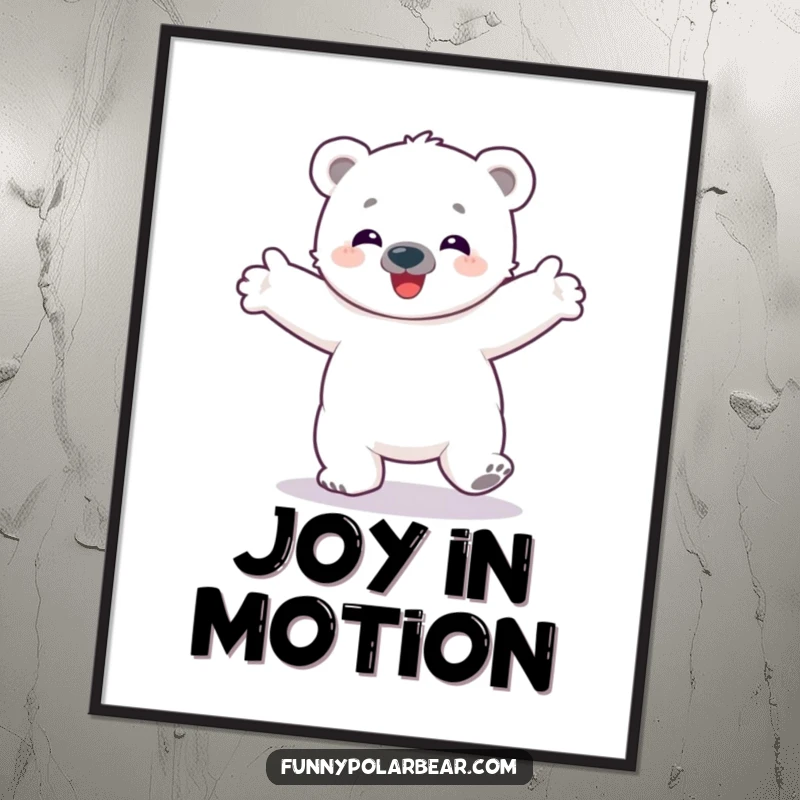 Funny digital art print of a delighted polar bear cub spinning with arms outstretched, capturing pure Arctic joy and vibrant motion.