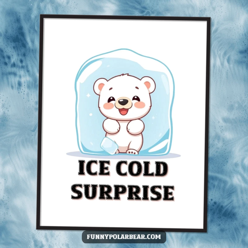 Funny digital art print of a giggling polar bear cub peeking from behind a large ice block, capturing playful Arctic hide-and-seek.