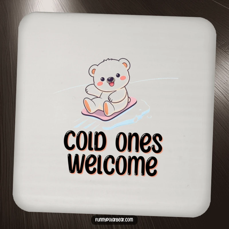 Funny kawaii polar bear cub drink coaster, happily sliding down a snowy slope, a humorous and protective accessory.