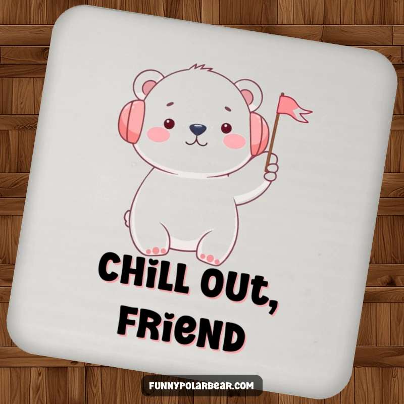 Funny polar bear in earmuffs waving a flag on a drink coaster, offering cheerful surface protection.