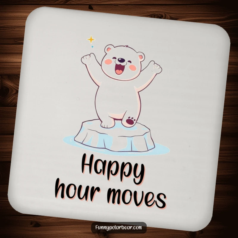Funny Polar Bear Dancing Coaster: A polar bear humorously dances on an ice floe, adding fun to drink protection.