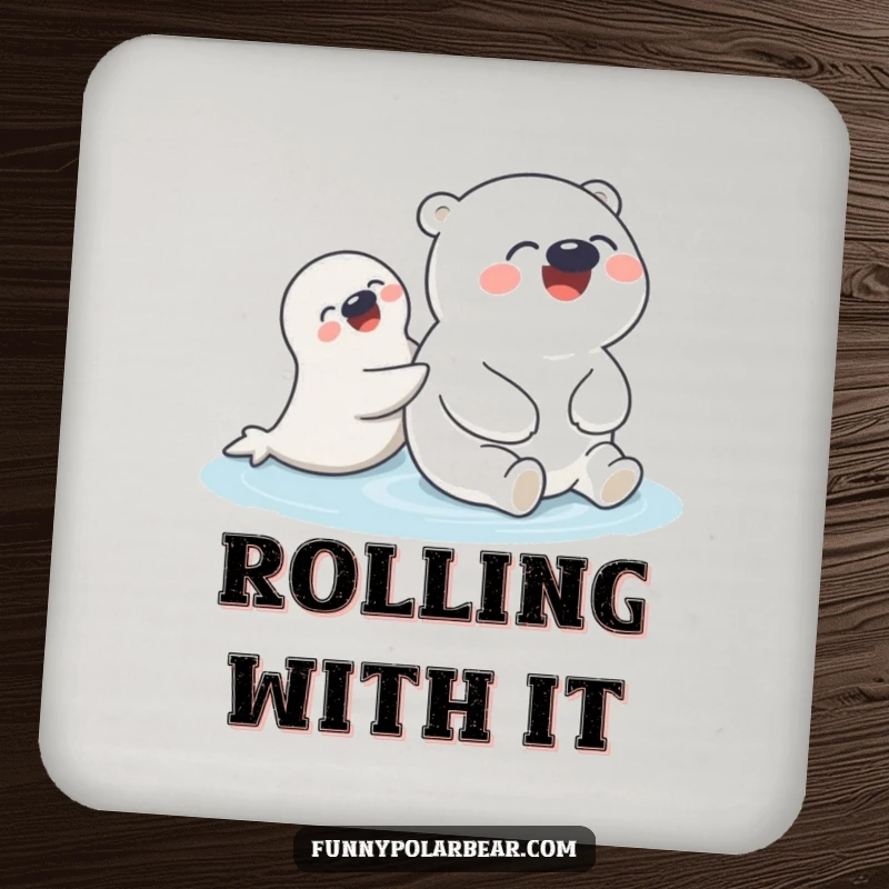 Funny Polar Bear Seal Push Coaster: A polar bear humorously giggles while a seal pushes it, adding fun to drink protection.