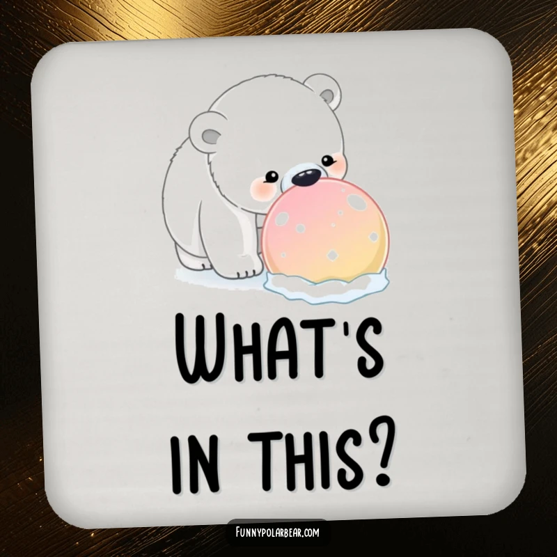 Funny Polar Bear Snowball Coaster: A polar bear humorously sniffs a giant, colorful snowball, adding winter charm to drink protection.