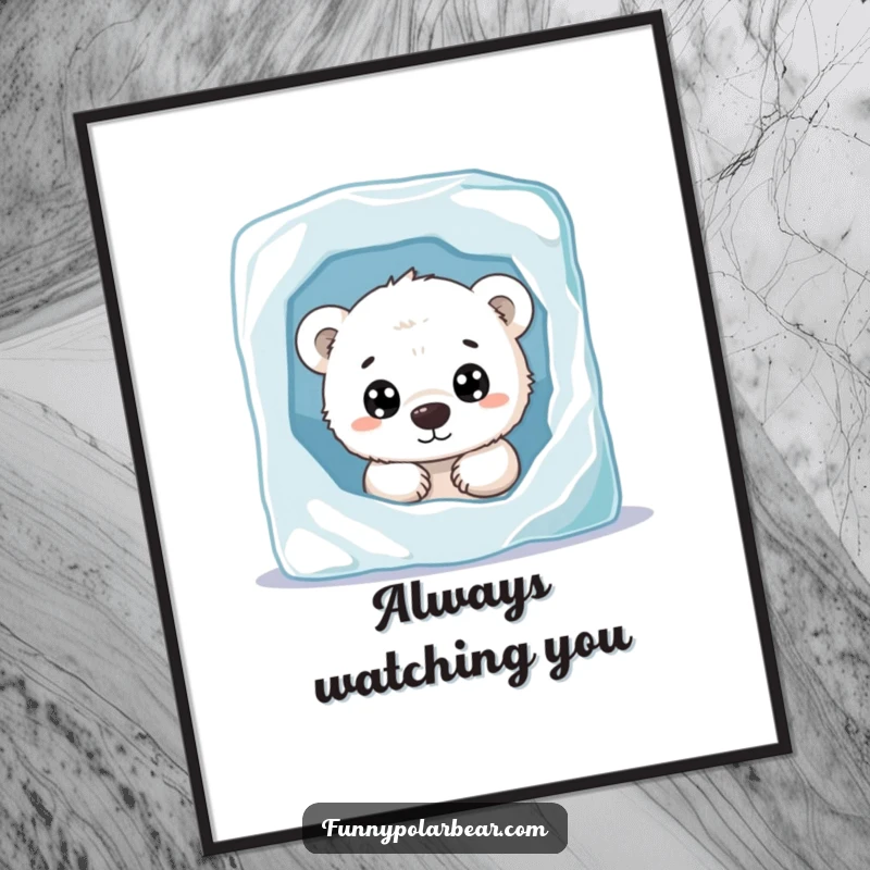 Funny polar bear cub poster, peeking from behind ice, wide curious eyes, cute arctic art, charming wall decor.