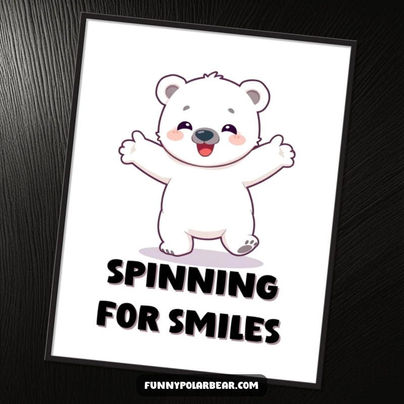 Funny poster of a delighted polar bear cub spinning with arms outstretched, capturing a moment of uninhibited Arctic joy and playfulness.