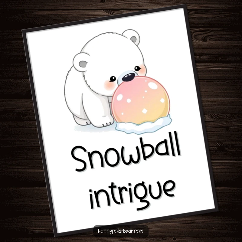 Funny Polar Bear Snowball Poster: A curious polar bear humorously sniffs a giant, brightly colored snowball, creating a vibrant winter scene.