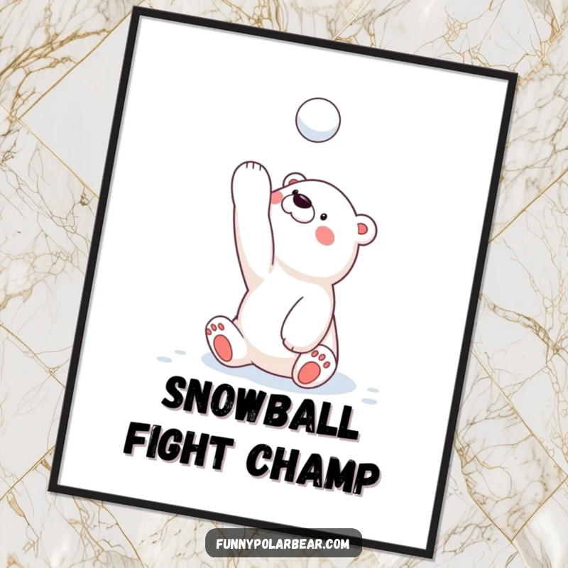 Funny polar bear cub poster, caught mid-throw tossing a snowball high, a humorous and energetic piece of winter wall art.
