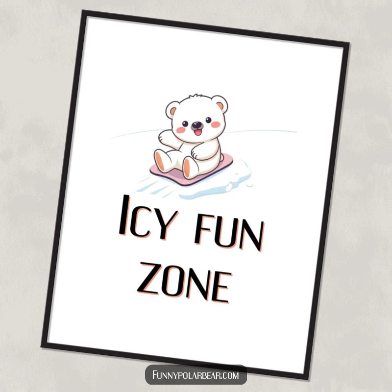 Funny kawaii polar bear cub poster, joyfully depicted sliding down an icy slope, a humorous and cute piece of wall art.