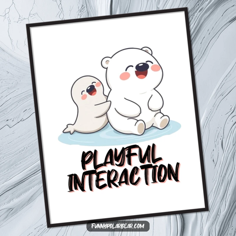 Funny Polar Bear Seal Push Poster: A round polar bear humorously giggles while a playful seal gently pushes it, creating a heartwarming scene.