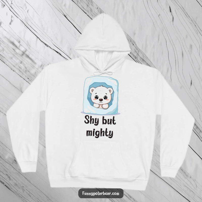 Funny polar bear cub hoodie, peeking from behind ice, curious expression, cozy arctic apparel, soft fleece.