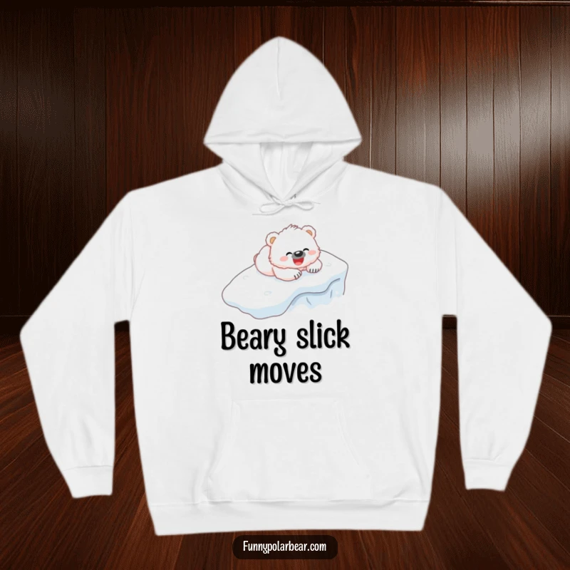 Funny Bear Cub Hoodie: A fluffy white cub gleefully belly-sliding down an icy hill.