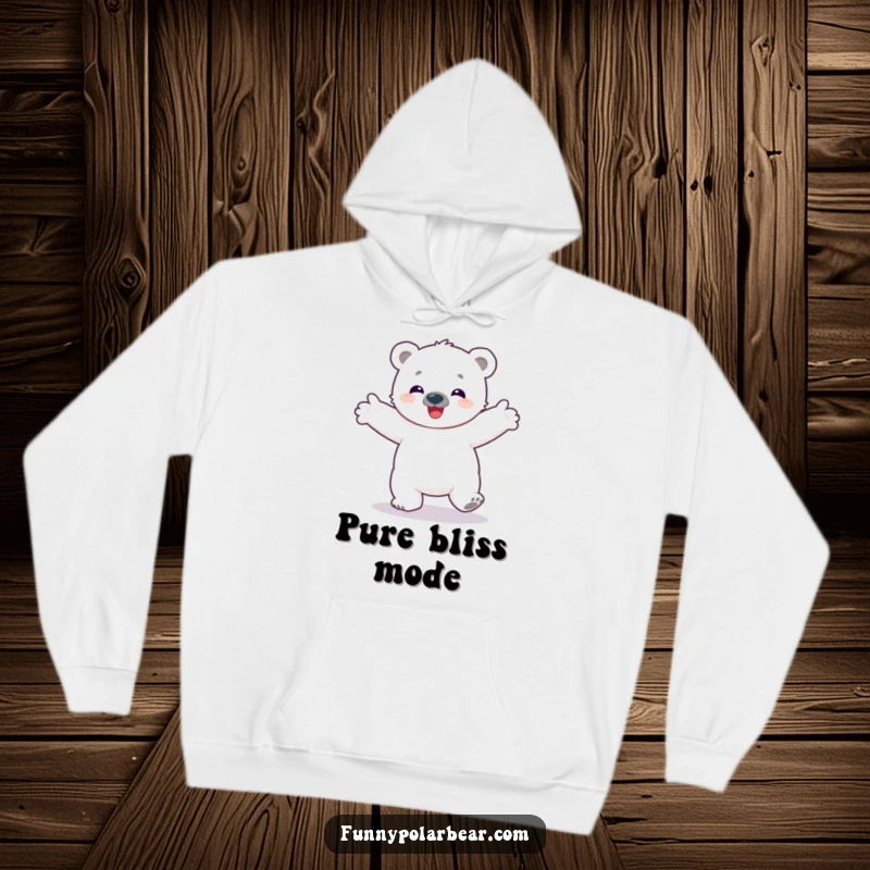 Funny hoodie displaying a joyous polar bear cub spinning around with arms outstretched, embodying pure Arctic fun and happiness.