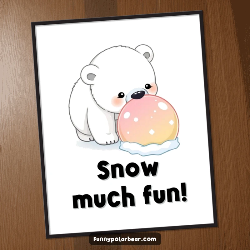 Funny Free Printable Wall Art: A curious polar bear with an inquisitive expression is sniffing a massive, brightly colored snowball.