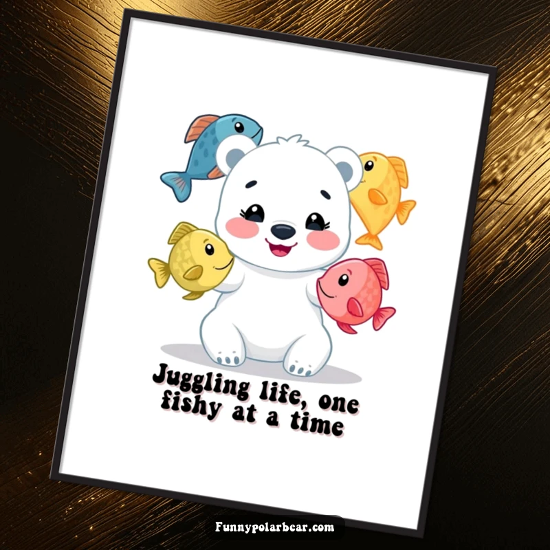 Funny Free Printable Wall Art: A beaming polar bear cub skillfully juggles three colorful fish, creating a humorous scene.