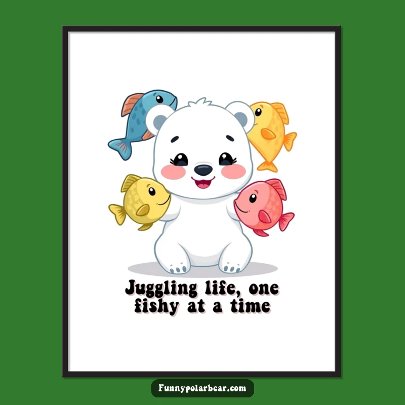 Free Printable Wall Art: Polar Bear Cub Juggling Fish, Hilarious Downloadable Decor for a Whimsical Touch