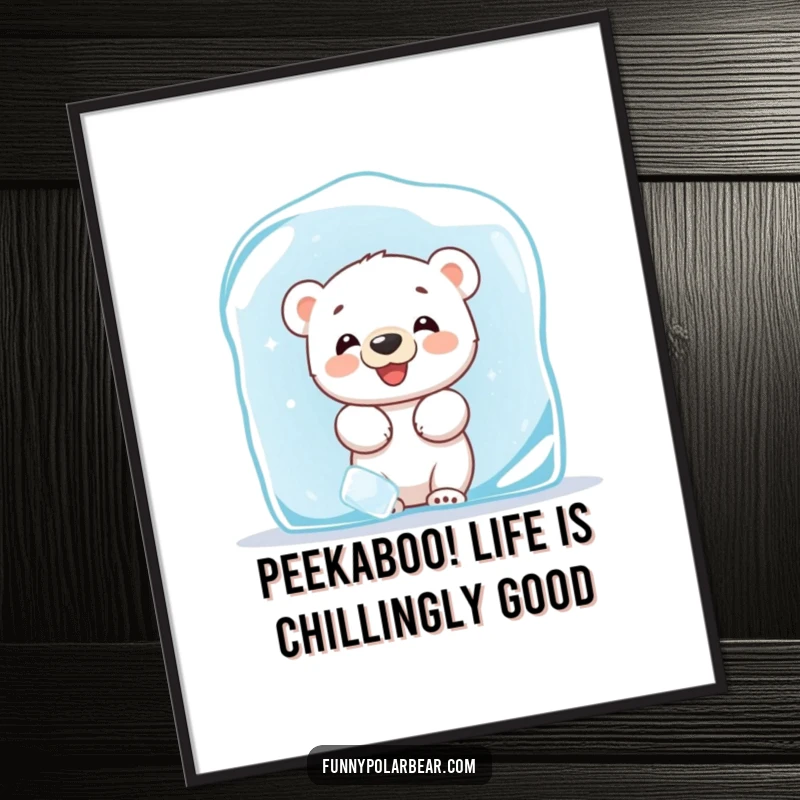 Funny Free Printable Wall Art: A giggling polar bear cub mischievously peeking from behind a large ice block.